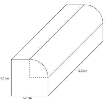 Rett firkantet prisme med kvadratisk bunn, der en kvart prisme er erstattet med en kvartsylinder med radius lik halve sida i kvadratet. Kvadratet har sidekant 5,6 cm og figuren har høyde 12,3 cm